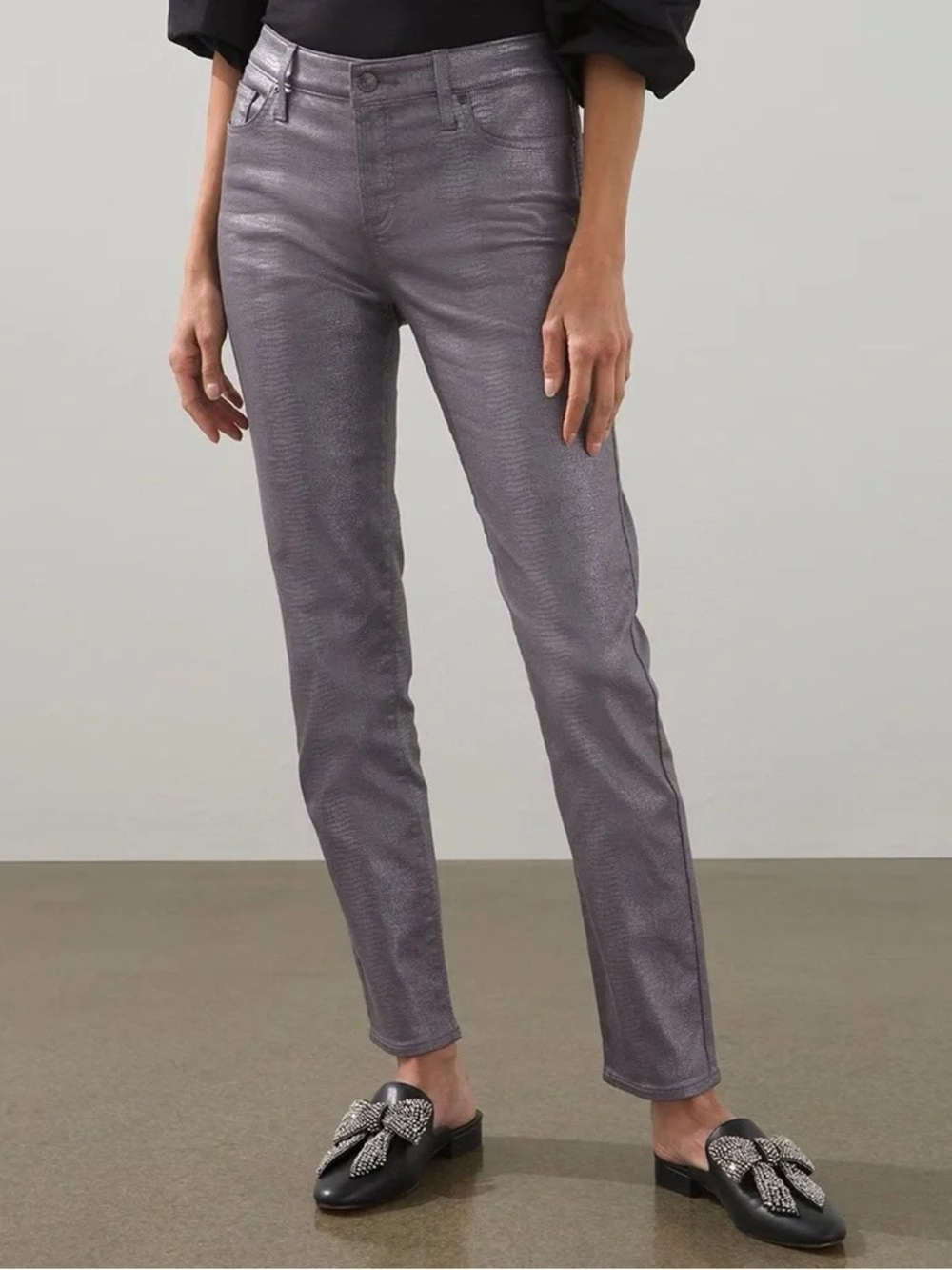 CHICO'S Women's Pants Silver Color Animal Print Straight Leg Stretch Size 2.5